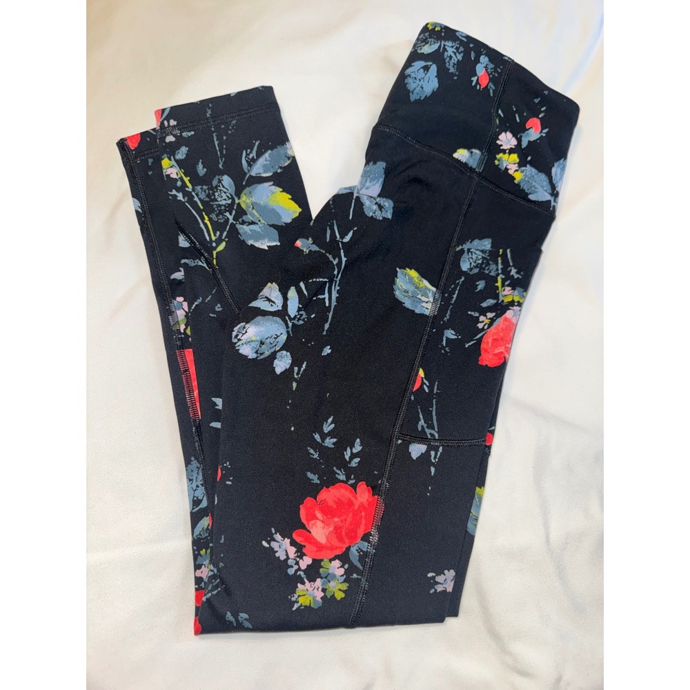 Victorias Secret Floral High Waist Leggings Black Pink Blue Size 4 Side Pocket